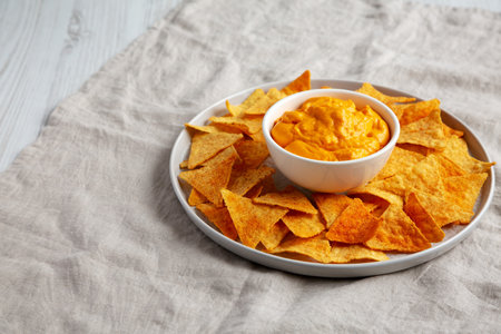 Cheese dip with tortilla chips, side view. Space for text.の写真素材
