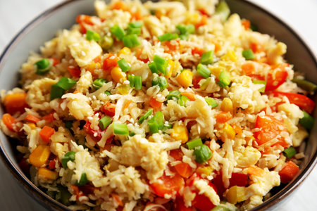 Homemade Cauliflower Fried Rice with Chives and Sesame Seeds in a Bowl, side view. close-up.の写真素材