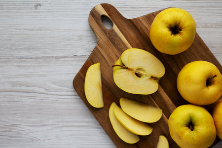 Raw Organic Golden Apples Ready to Eat, top view. Flat lay, overhead, from above.の写真素材