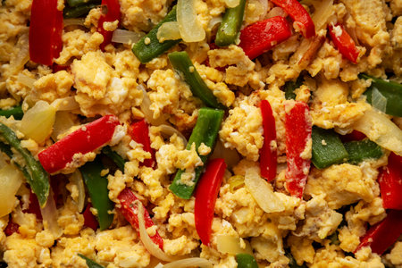 Homemade Scrambled Peppers and Eggs, top view. Flat lay, overhead, from above.の写真素材