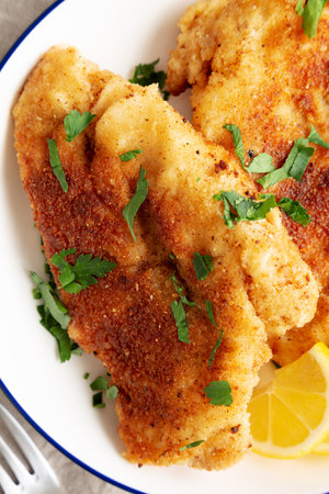 Homemade Chicken Cutlets on a Plate, top view. Flat lay, overhead, from above. close-up.