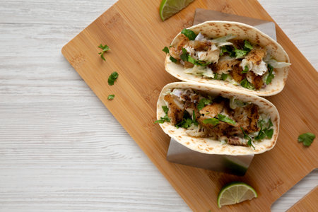 Homemade Fresh Fish Tacos, top view. Flat lay, overhead, from above.の写真素材