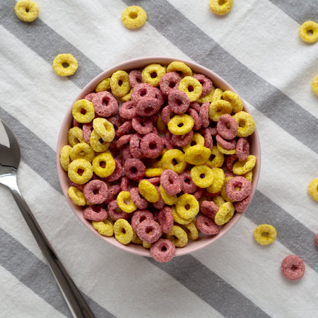 Colorful Cereal Loops with Whole Milk for Breakfast. Flat lay, overhead, from above.の写真素材