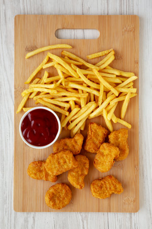 Chicken Nuggets and French Fries with Ketchup Ready to Eat. Flat lay, overhead, from above.の写真素材