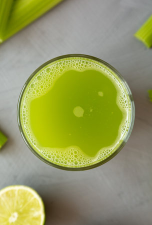 Refreshing Organic Celery Juice with Lime in a Glass, top view. Flat lay, overhead, from above.の写真素材