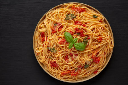 Homemade Spaghetti With Fresh Tomato Sauce on a Plate, top view. Flat lay, from above, overhead. copyspace.の写真素材
