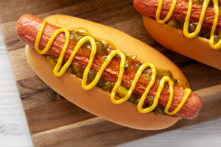 Homemade Gourmet Hot Dogs with Sweet Relish and Mustard, top view. Flat lay, overhead, from above.の写真素材