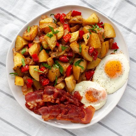 Homemade One-Pan Breakfast Potatoes on a Plate, top view. Flat lay, overhead, from above.の写真素材