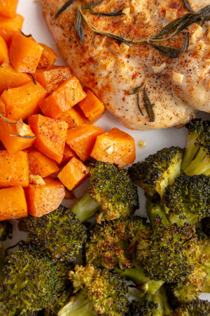 Homemade One Pan Chicken And Veggies on a Plate, top view. Close-up.の写真素材