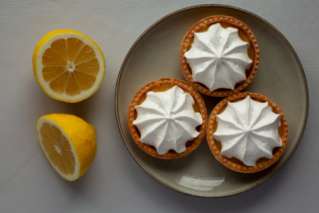 Homemade Lemon Tartlets on a Plate, top view. Flat lay, overhead, from above.の写真素材
