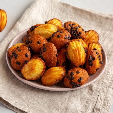 Homemade Chocolate Chip Madeleines on a Plate, side view.の写真素材