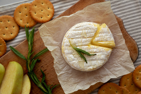 Baked Brie with Honey, top view. Flat lay, overhead, from above.の写真素材