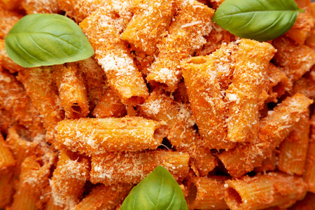 Homemade Vodka Rigatoni Pasta with Parmesan and Basil, top view. Flat lay, overhead, from above. Close-up.の写真素材