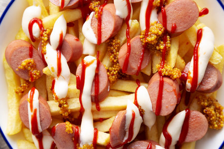 Homemade Salchipapa Fries with Ketchup, Mustard and Mayo on a Plate, top view. Close-up.