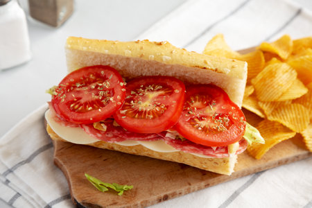 Homemade Italian Sub Sandwich with Salami, Tomatoes and Shredded Iceberg Lettuce on a rustic wooden board, side view.の写真素材