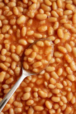 Canned White Beans with Tomato Sauce, top view.