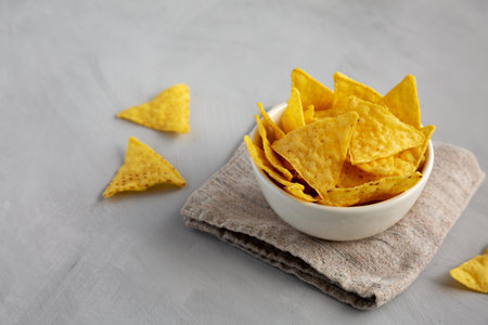 Homemade Salted Tortilla Chips in a Bowl, side view.