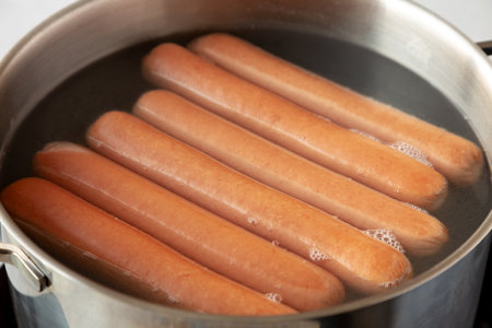Homemade Boiled Hot Dogs in Water. Close-up.の写真素材