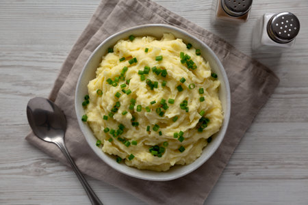 Homemade Chive and Garlic Mashed Potatoes in a Bowl, top view.の写真素材
