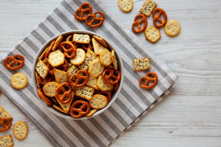 Homemade Salty Party Snack Mix in a Bowl, top view.の写真素材
