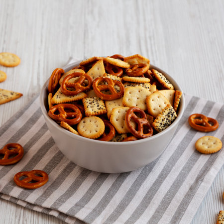 Homemade Salty Party Snack Mix in a Bowl, side view.の写真素材
