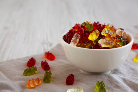 Colorful Gummy Bears in a Bowl, low angle view. Copy space.の写真素材