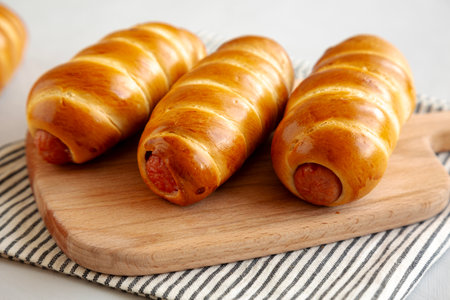 Homemade Beef Sausage Kolache on a wooden board, side view.の写真素材