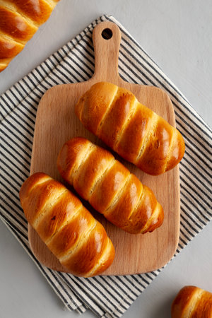 Homemade Beef Sausage Kolache on a wooden board, top view. Overhead, from above.の写真素材
