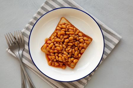 Homemade English Beans on Toast, top view. Overhead, from above, flat lay.の写真素材