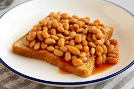 Homemade English Beans on Toast, low angle view. Close-up.の写真素材