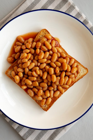 Homemade English Beans on Toast, top view. Close-up.の写真素材