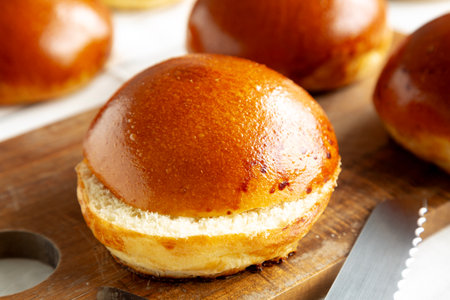 Homemade Brioche Buns Ready to Eat, side view. Close-up.の写真素材