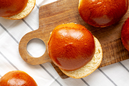 Homemade Brioche Buns Ready to Eat, top view. Flat lay, overhead.の写真素材