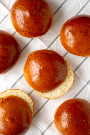 Homemade Brioche Buns Ready to Eat, top view. Flat lay, overhead.の写真素材