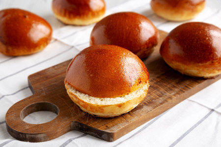 Homemade Brioche Buns Ready to Eat, side view.の写真素材