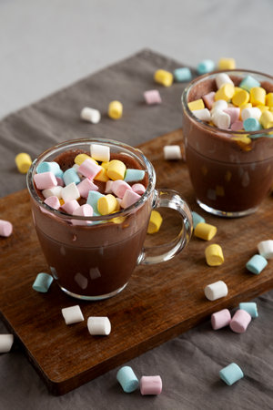 Warm Chocolate Cocoa in Mugs with Colorful Marshmallows, side view. Copy space.の写真素材