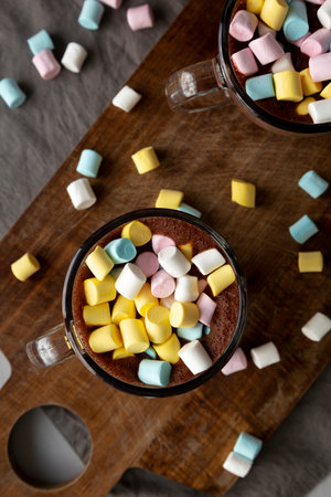 Warm Chocolate Cocoa in Mugs with Colorful Marshmallows, top view. Overhead, from above.の写真素材