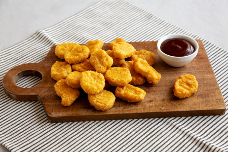 Organic Fried Chicken Nuggets on a wooden board, side view.の写真素材