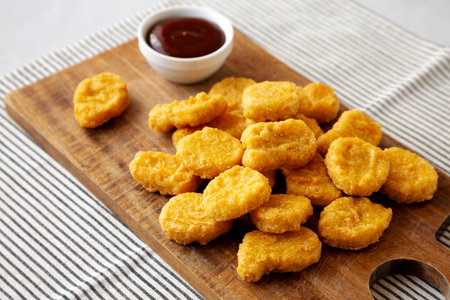 Organic Fried Chicken Nuggets on a wooden board, side view.の写真素材