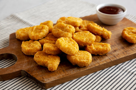 Organic Fried Chicken Nuggets on a wooden board, side view. Close-up.の写真素材