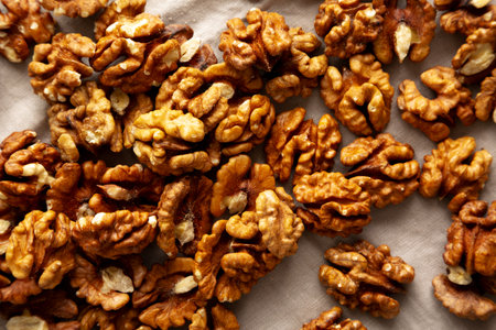 Raw Walnut Halfs, top view. Flat lay, overhead.の写真素材