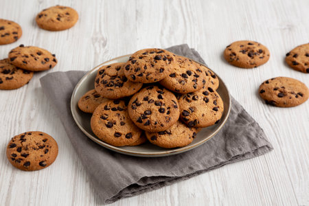 Homemade Chocolate Chip Cookies on a Plate, low angle view.の写真素材