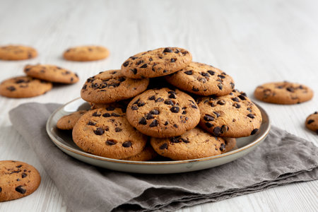 Homemade Chocolate Chip Cookies on a Plate, low angle view.の写真素材