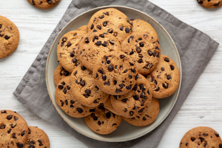 Homemade Chocolate Chip Cookies on a Plate, top view.の写真素材