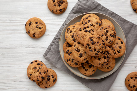 Homemade Chocolate Chip Cookies on a Plate, top view.の写真素材