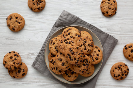 Homemade Chocolate Chip Cookies on a Plate, top view.の写真素材