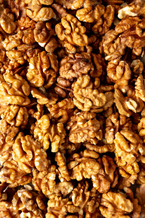 Raw Walnut Halfs, top view. Flat lay, overhead.の写真素材