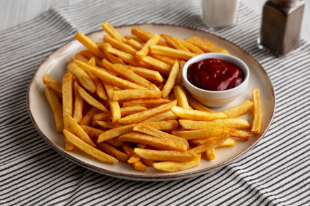 Homemade Golden French Fries with Ketchup, side view.の写真素材