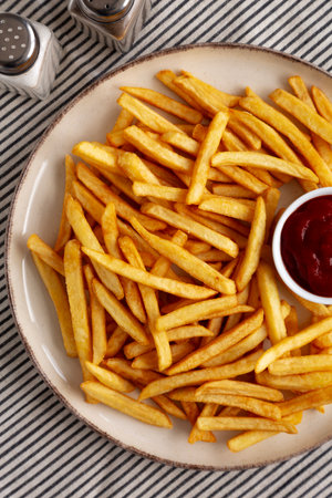 Homemade Golden French Fries with Ketchup, top view.の写真素材
