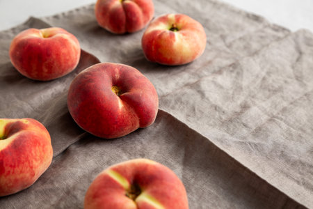 Fresh juicy ripe fig peaches, side view. Copy space.の写真素材